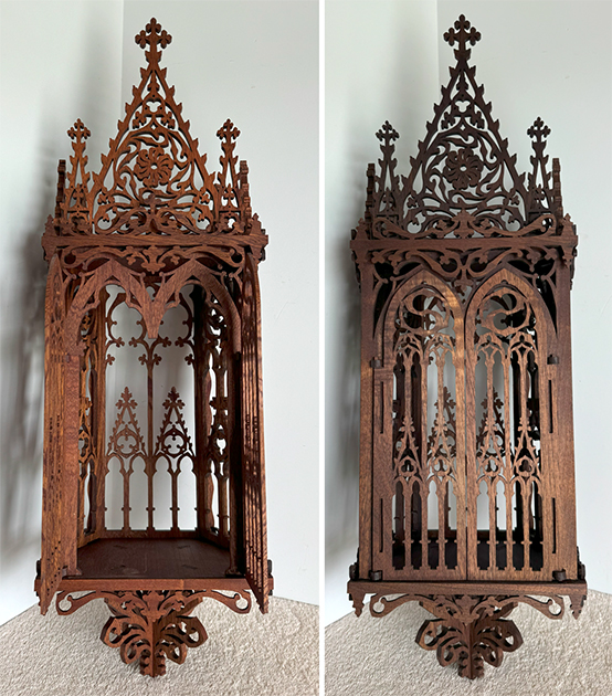 Scroll saw fretwork model of a Gothic wall niche designed to hold a religious statue